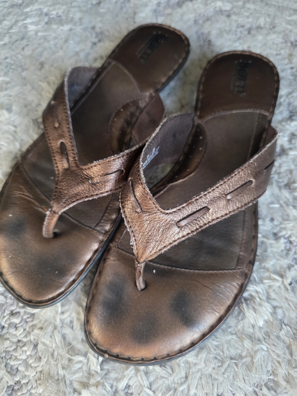 Born Brown Metallic Leather Thong Sandals